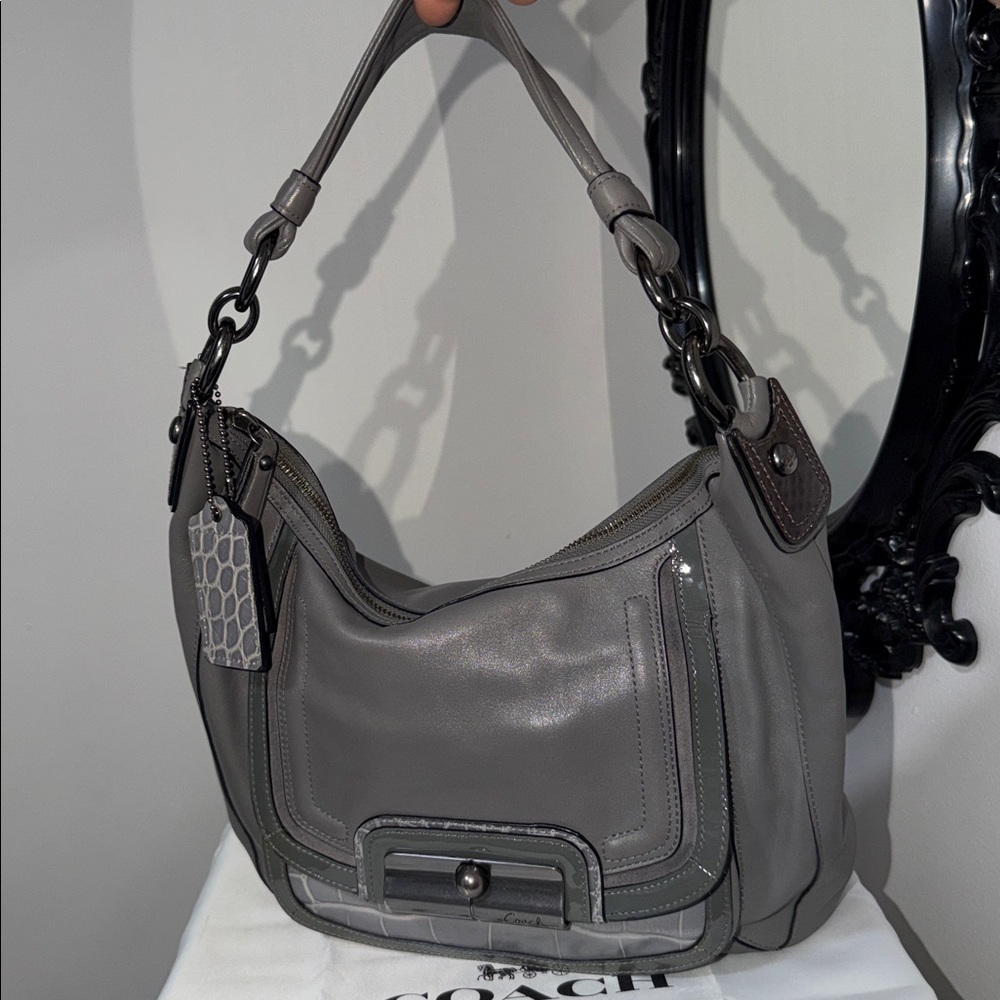 Coach Y2K Kristin espectator Gray Leather Crossbody Hobo with Croc-Texture Trim